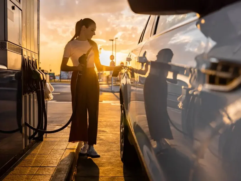 Una ragazza alla pompa di benzina al tramonto