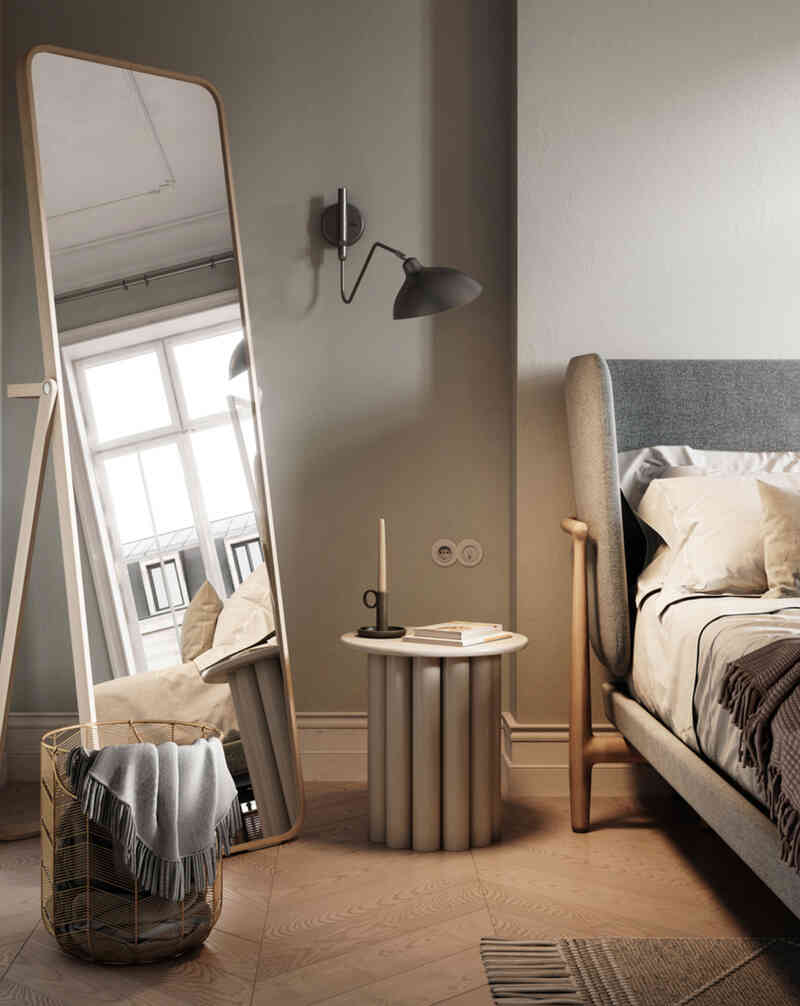 specchio che riflette luce finestra, comodino e letto