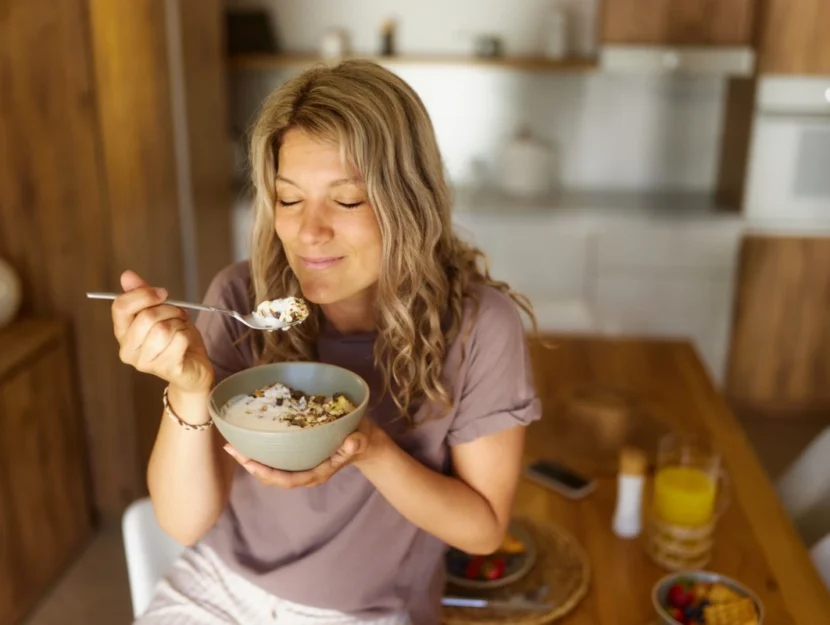 Donna bionda che mangia yogurt con i cereali d auna ciotola