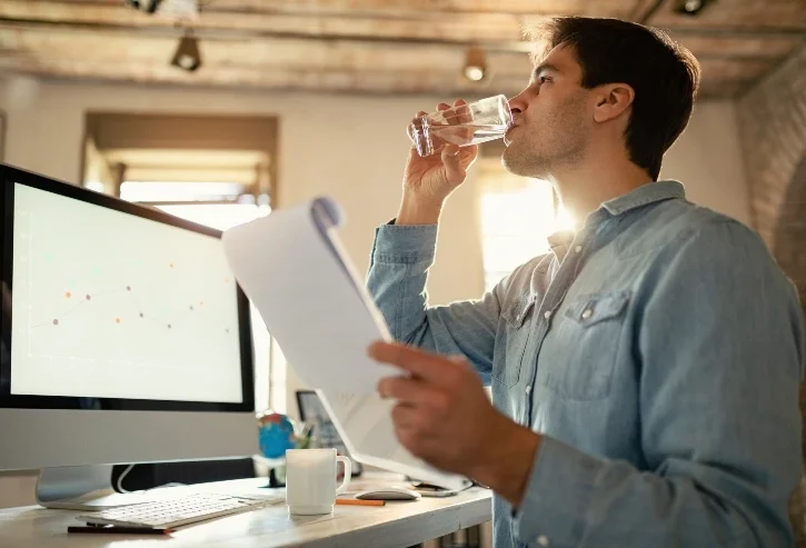 Uomo d'affari che beve vetro d'acqua mentre lavora in ufficio