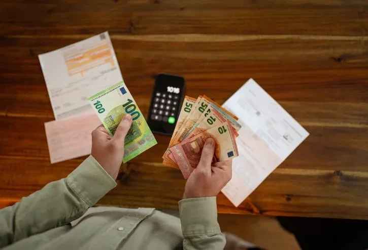 un pensionato con calcolatrice conta banconote euro