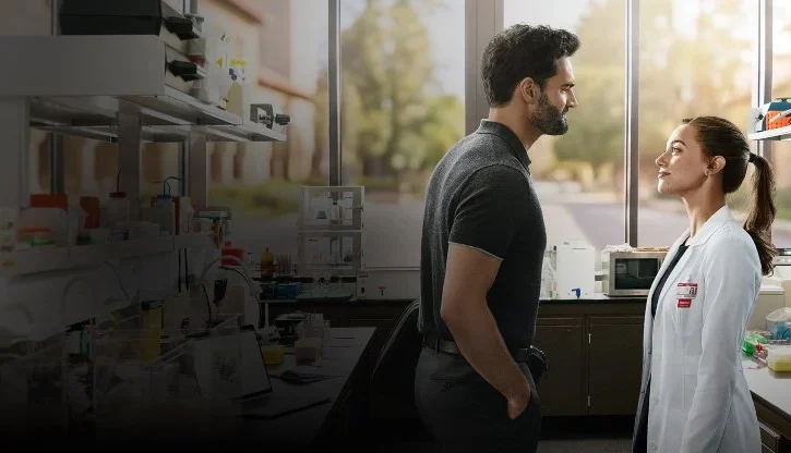 una scena del film "the love hypothesis" con gli attori Lili Reinhart e Tom Bateman