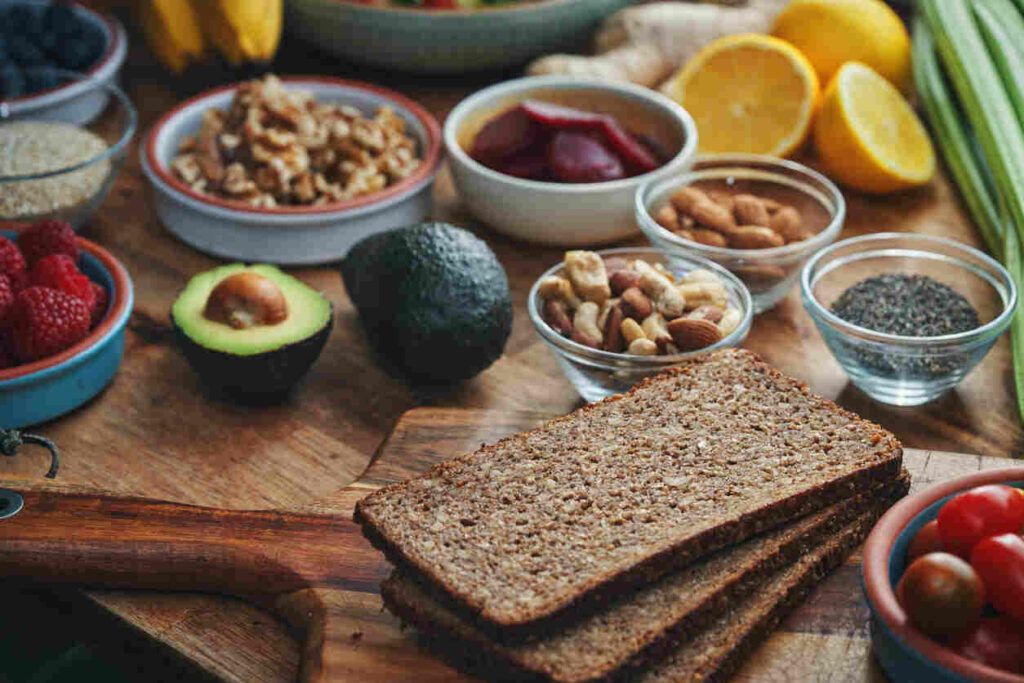 cibi sani: pane di segale, avocado, frutta secca, frutta su tavolo
