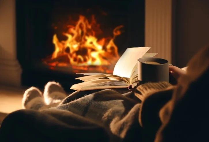Donna con tazza di bevanda e libro vicino camino a casa