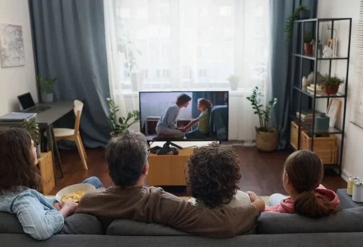 famiglia seduta sul divano guarda un programma in tv