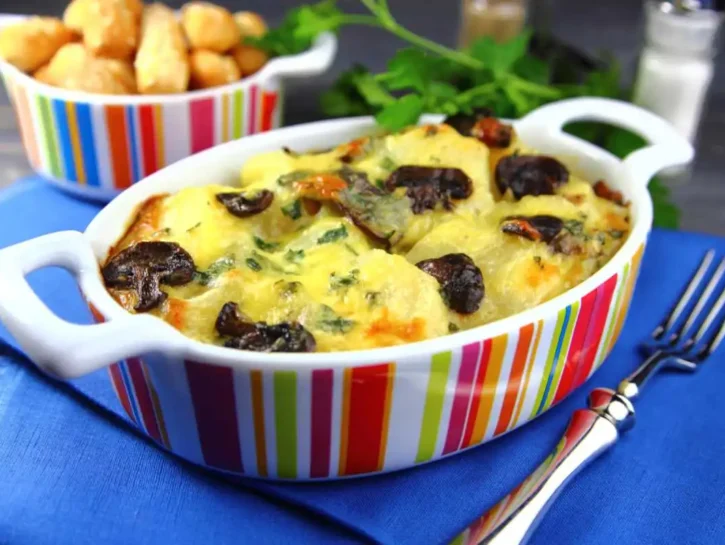 Pasta al forno con crema di porri, funghi e scamorza