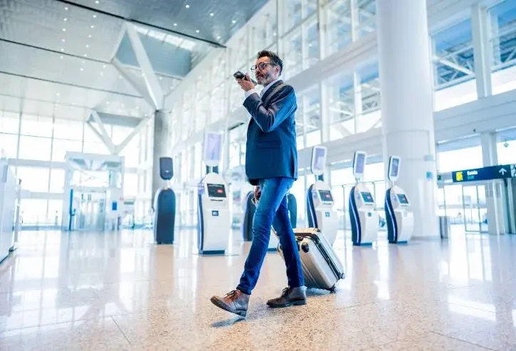 Uomo d'affari che cammina e invia messaggi audio usando il telefono cellulare all'aeroporto