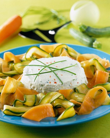 <p><b>Ingredienti</b></p><p> 250 g di fiocchi di latte <br /> erba cipollina <br /> 3 carote <br /> 3 zucchine <br /> un cucchiaio di zucchero di canna <br /> aceto di mele <br /> olio <br /> peperoncino in polvere <br /> sale <br /> <br />Lavate 10 steli di erba cipollina, tagliuzzatela e frullatela con i fiocchi di latte. Insaporite la crema con un pizzico di peperoncino e uno di sale, suddividetela in 4 stampini e mettetela in frigo per almeno un'ora. </p><p>Raschiate e lavate le carote. Lavate le zucchine e spuntatele. Con un pelapatate tagliate entrambe le verdure nel senso della lunghezza in modo da ricavarne dei nastri; poi scottateli per 2 minuti in acqua bollente. </p><p> Fate sciogliere a calore moderato lo zucchero con 2 cucchiai di aceto. Salate leggermente, unite un cucchiaio di olio ed emulsionate il tutto; condite le verdure con la salsina preparata. Togliete dagli stampi gli sformatini e serviteli con i nastri di verdura. <br /> </p>