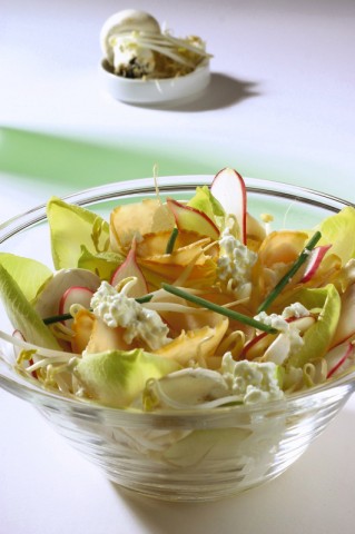 <p><b>Ingredienti</b></p><p>3 ceppi di indivia</p><p>4 ravanelli</p><p>champignon</p><p>100 g di germogli di soia</p><p>8 fette di arrosto di tacchino</p><p>100 g di fiocchi di latte</p><p>erba cipollina</p><p>aceto</p><p>sale</p><p>Mescolate la verdura alle fette di tacchino e all'erba cipollina. Per condire amalgamate i fiocchi di latte con 4 cucchiai di acqua, aceto e sale.</p>