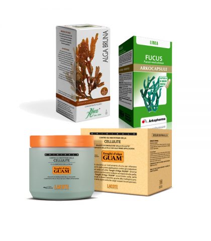 <p>In alto da sinistra:</p><p> - <b>ALGA BRUNA</b><br /> Concentrato fluido di<b> Aboca </b><br /> Accelera il metabolismo, stimola l'eliminazione delle tossine.<br />Da assumere per via orale.</p><p> - <b>FUCUS</b><br /> Integratore alimentare di fucus vesciculosus di <b>Arkopharma</b><br />Le mucillagini contenute nell'alga si rigonfiano a livello dello stomaco provocando una sensazione di sazietà. L'alga è dunque uno spezza-fame naturale senza avere gli effetti nocivi dei farmaci di sintesi utilizzati nelle cure dimagranti.</p><p> - <b>FANGHI D'ALGA GUAM</b><br /> Contro gli inestetismi della cellulite<br /> Contengono inoltre argilla, estratti di edere, ippocastana, fucus, oli essenziali di limone e origano.<br />Svolgono un'azione depurativa e disintossicante. Migliorano l'attività del microcircolo. Tonificano e riducono i gonfiori.</p>
