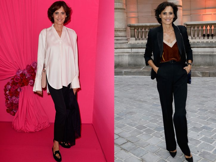 <p><b>Inès de la Fressange</b> a sinistra sfoggia un paio di pantaloni alla caviglia, camicia fluida di seta e slippers ricamate, mentre a destra vivacizza il suo tailleur con un top in velluto cangiante</p>