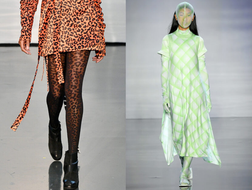 <p>Collant fantasia in passerella, F/W 2019/2020. Da sinistra: ESSENCE Fashion House, Dynasty</p>