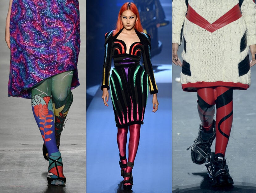 <p>Collant particolari in passerella, F/W 2019/2020. Da sinistra: Mrhua Mrshua By NiuNiu Chou, Jean Paul Gaultier, Vfiles</p>