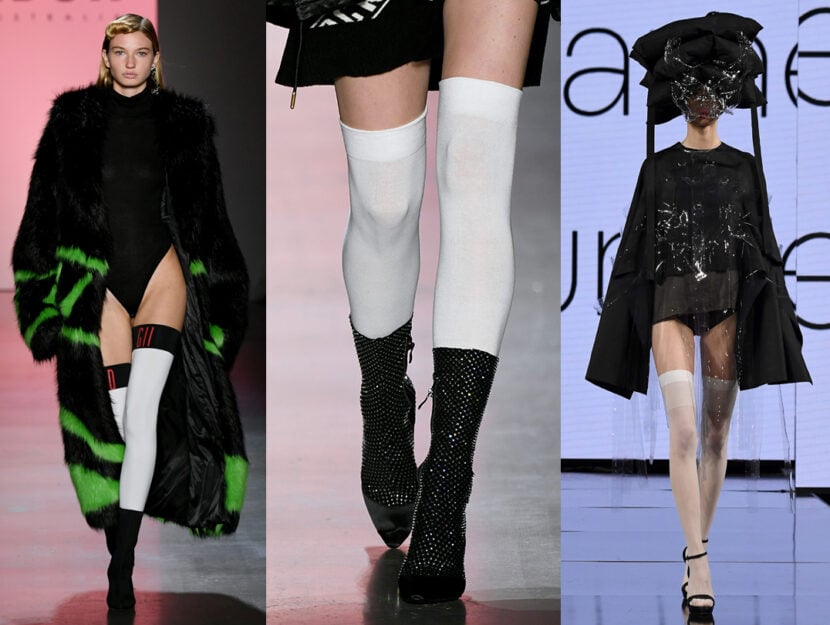 <p>Calze parigine in passerella, F/W 2019/2020. Da sinistra: EDGII, EDGII, KENTARO KAMEYAMA</p>