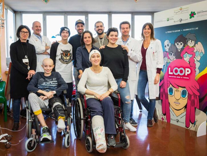 <p>Il gruppo della Pediatria oncologica dell’Istituto dei tumori di Milano che ha realizzato la graphic novel <em>Loop. Indietro non si torna</em> (Rizzoli Lizard), insieme a Mammaiuto Lab.</p>