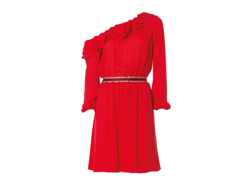 <p>Abito monospalla rosso con rouches (KOCCA)</p>