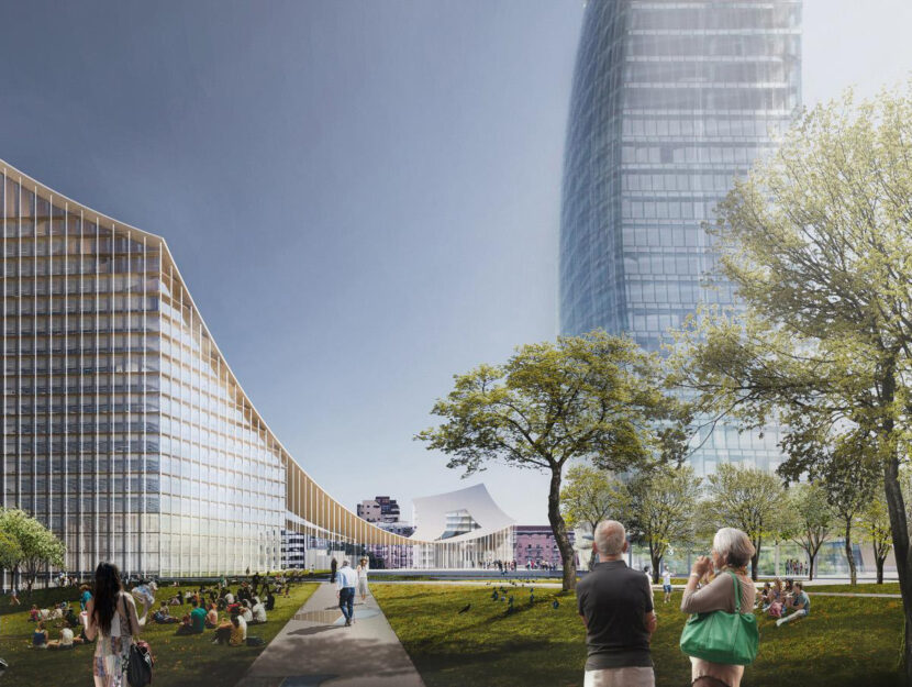 <p>Il progetto di Citylife, a Milano, prevede anche uno spazio pubblico coperto e vivibile, inserito in un contesto di ampie aree verdi</p>