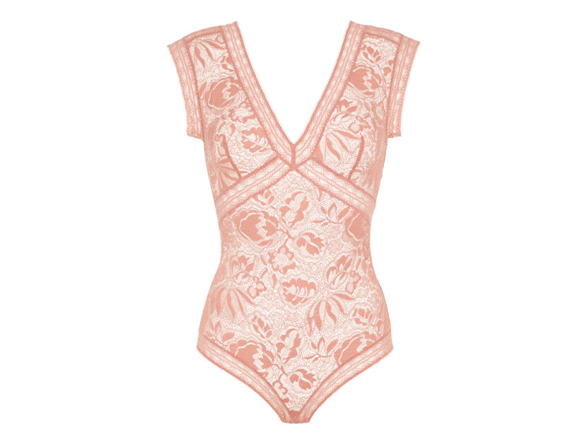 <p>Body con scollo a V e mezze maniche in pizzo rosa (ERES)</p>
