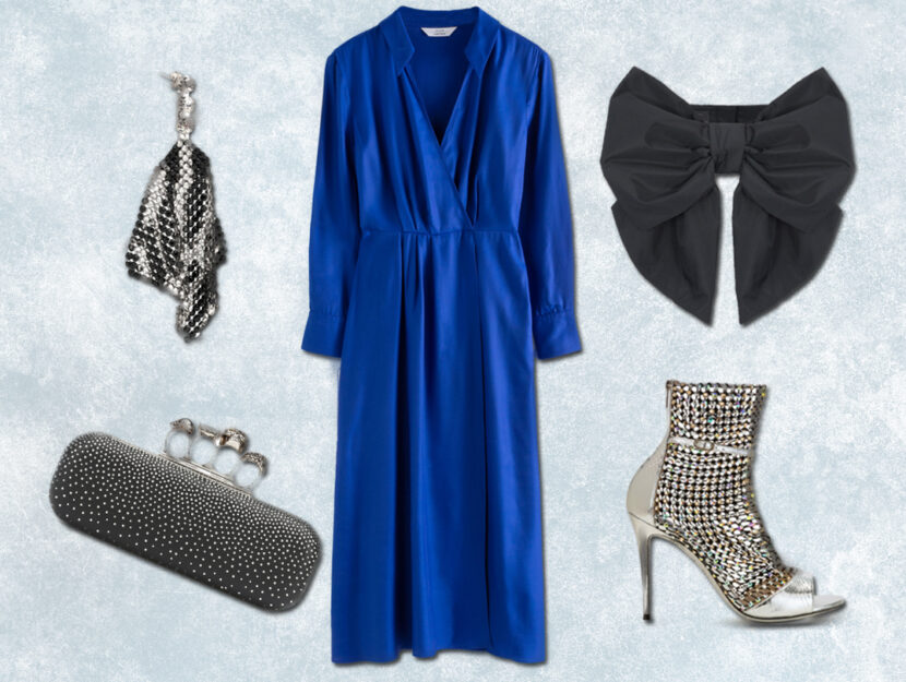 <p>Look glamour: Clutch glam-rock (ALEXANDER McQUEEN), Orecchini con cristalli (ISABEL MARANT), Cintura con fiocco (PINKO), Open-toe argento e cristalli (RENE CAOVILLA)</p>